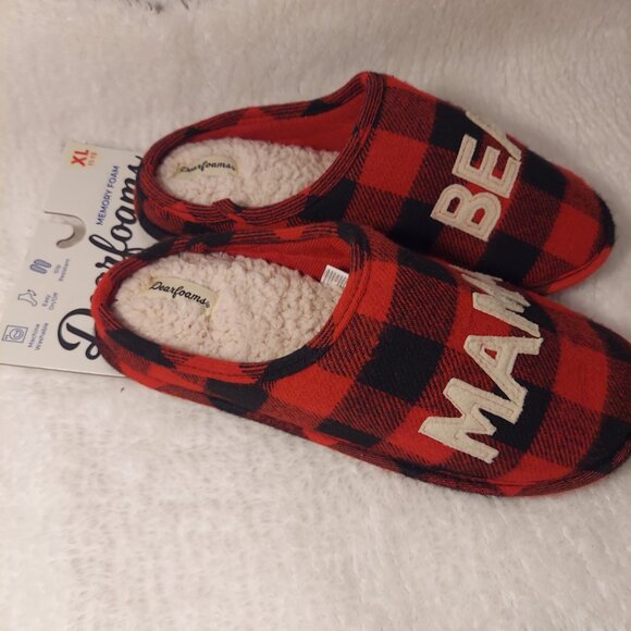 NWT Dearfoams “Mama Bear” Red Buffalo Plaid Slippers Size XL - Picture 4 of 9